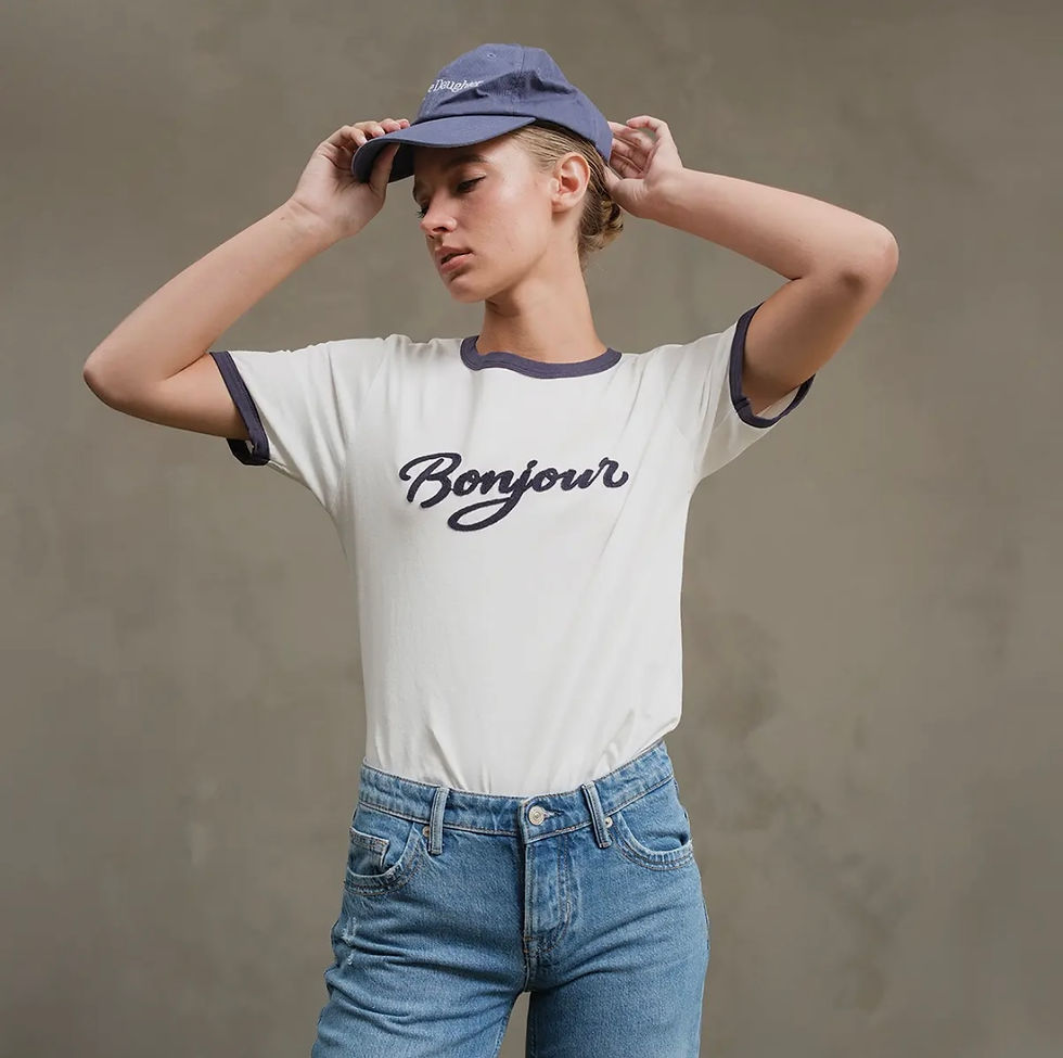 Thumbnail: Bonjour Vintage Embroidered Contrast Ringer Tee