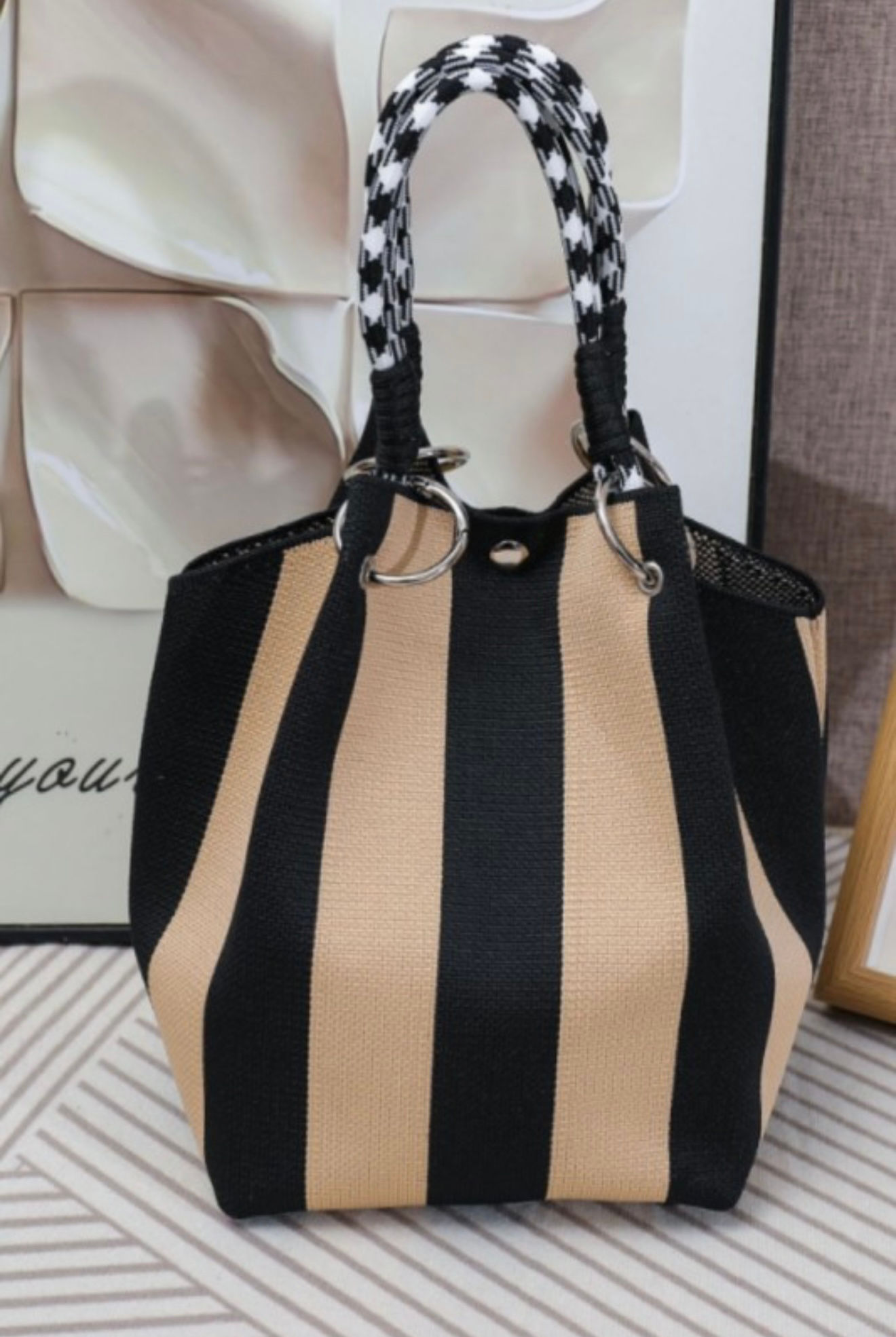 The Lennox Geometric Stripes Knit Bucket Bag