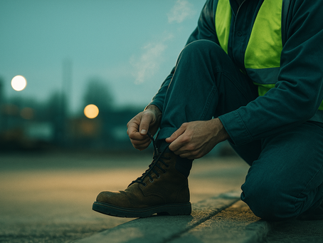 Night-shift worker in hi-vis vest tying a work boot at dawn, preparing for shift—recovery routines for tired nights.
