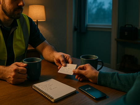 Blue-collar couple at a kitchen table exchange a recovery-plan note; two mugs and a notebook during an early-morning check-in.