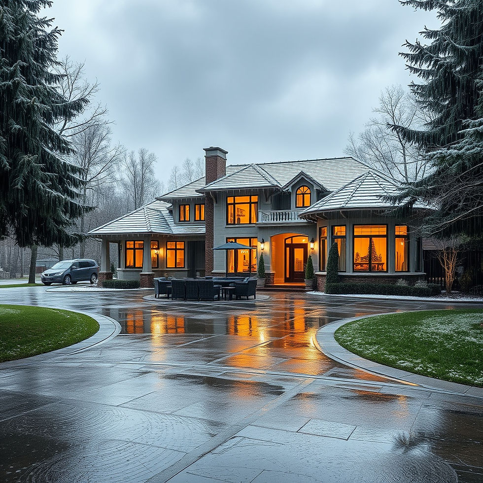 Eye-level view of a house with snow-covered roof and a well-maintained garden in late autumn