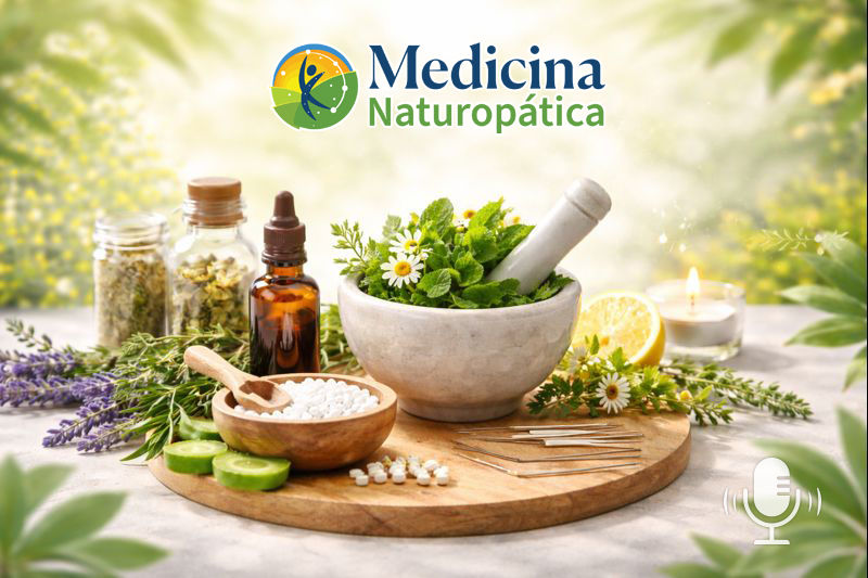 Portada Podcast con elementos de la medicina naturopática mostrando agujas de acupuntura y tratamientos homeopáticos