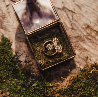 couples rings surrounded by moss in ringbox display