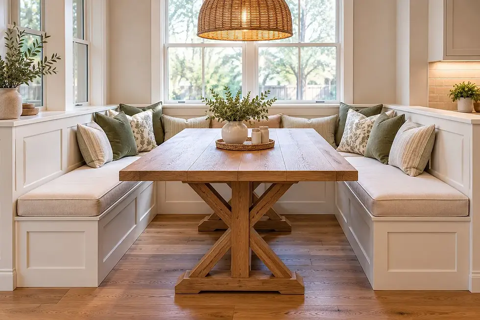 Custom U-shaped breakfast nook with white built-in bench seating, neutral upholstered cushions, decorative pillows, and a natural wood rectangular dining table.