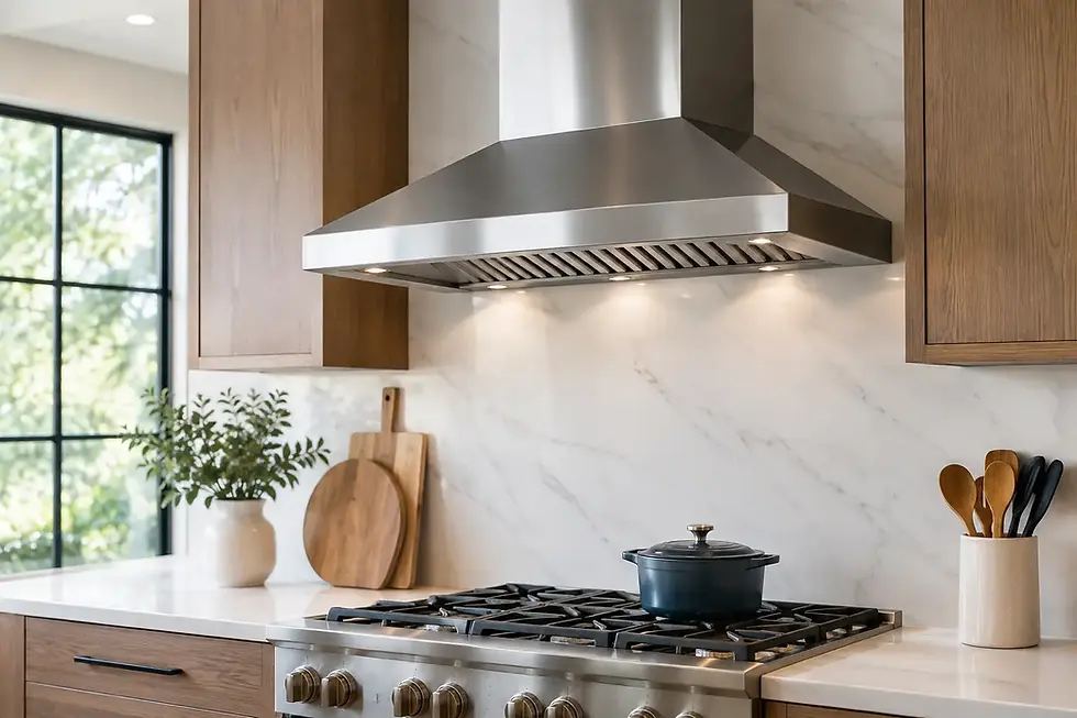 Stainless steel kitchen range hood above a gas cooktop in a modern kitchen.
