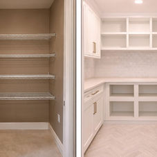 Before and after photo of a walk-in pantry remodel transformation in San Antonio with white cabinetry, multiple open shelves, and clean organized storage.