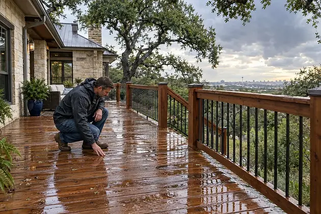 Wet wood deck after heavy rain in San Antonio