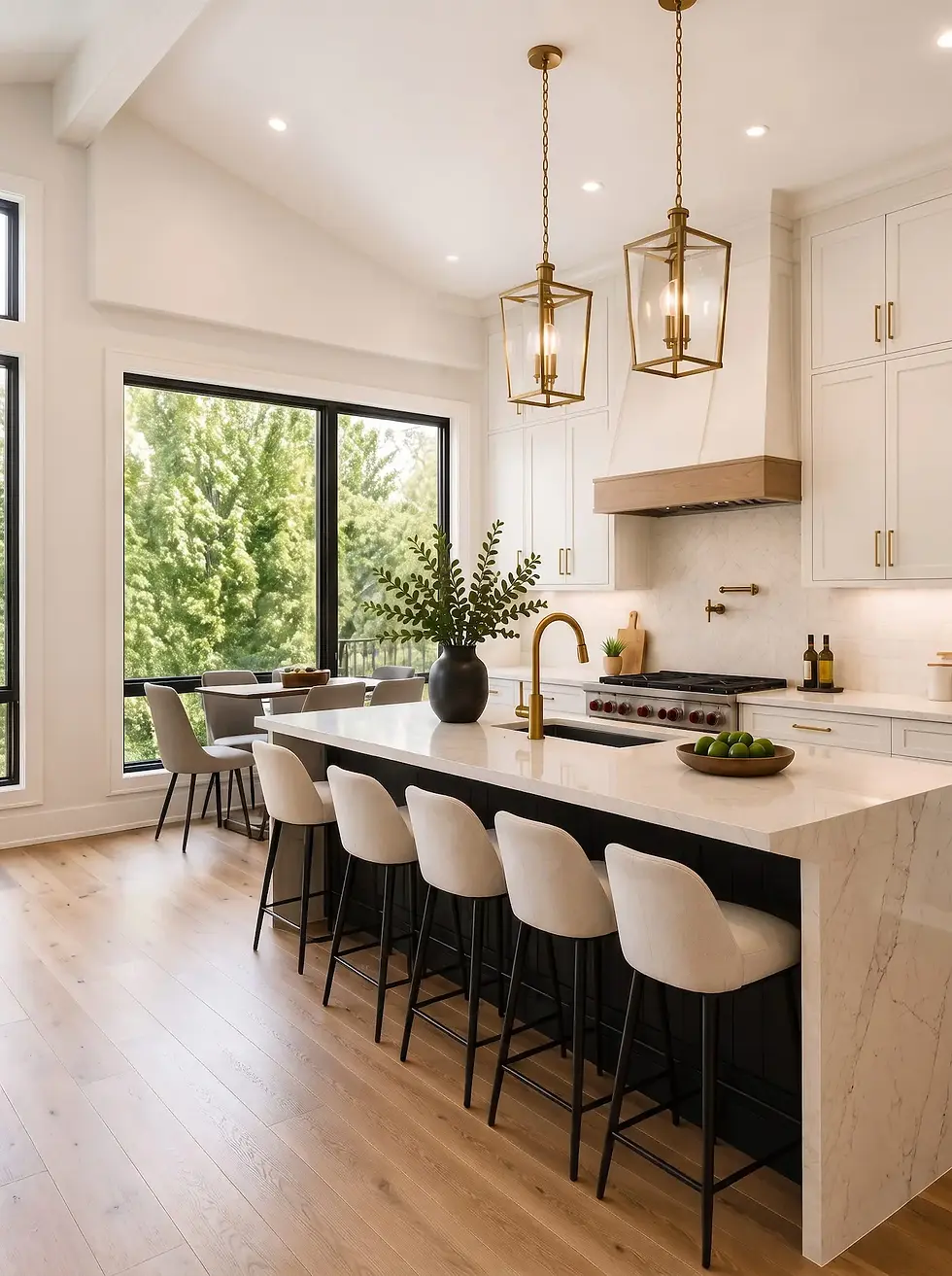 Modern custom kitchen with large island, white cabinetry, pendant lighting, and wood flooring