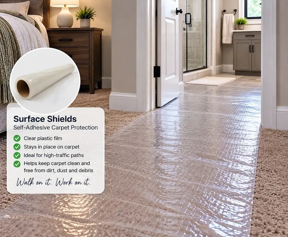 Clear self-adhesive carpet protection film covering a bedroom walkway during a bathroom remodel.