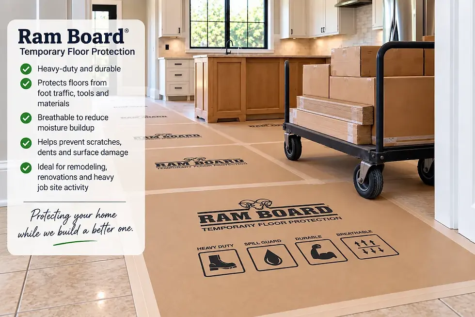 Ram Board protecting tile flooring during a kitchen remodel with materials transported on a rolling cart.