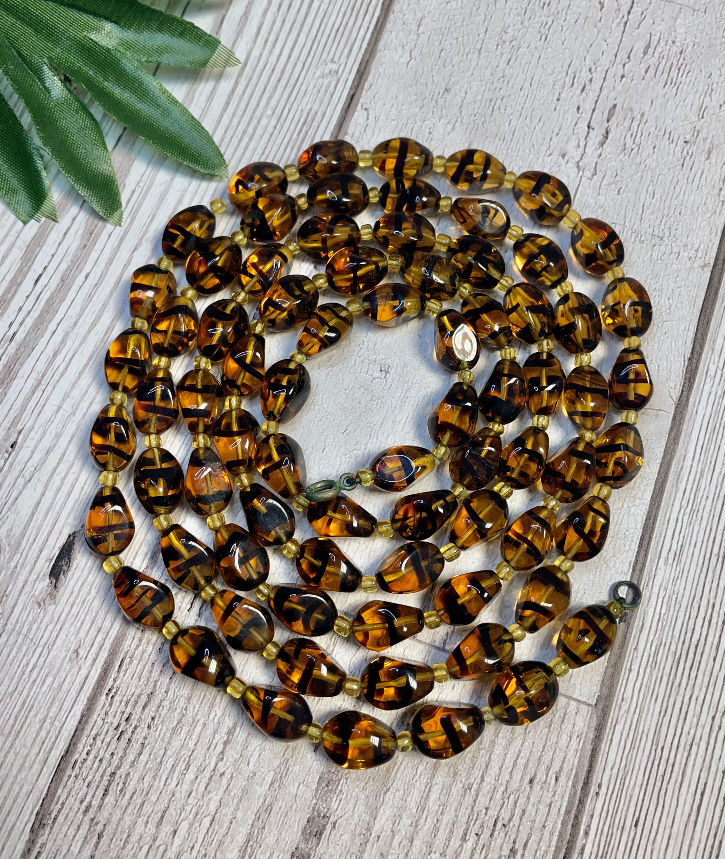 Vintage Long Tigers Eye Glass Bead Necklace