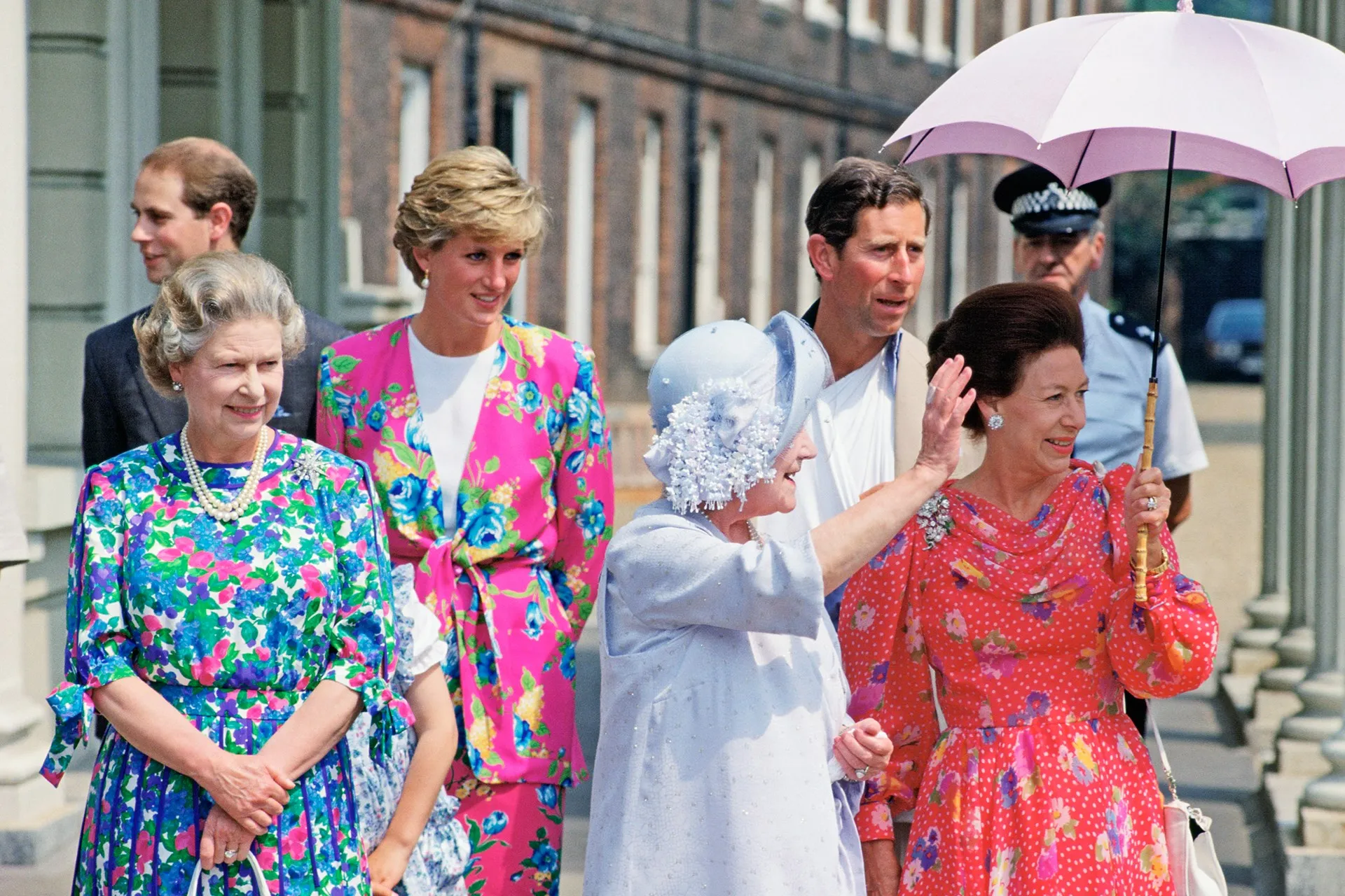 The Queen, Princess Diana, The Queen Mother and Princess Margaret at the Queen Mother's 90th birthday, all wearing floral print dresses