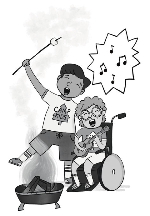 A black and white chapter book illustration showing two kids by a campfire, one in a wheelchair holding a ukulele, one holding a stick with a marshmallow, both singing together