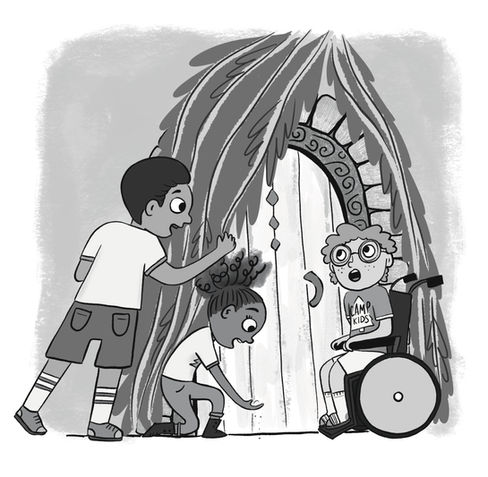 Three kids in a black and white chapter book illustration, discovering an ancient hidden door behind some vines