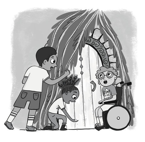 Three kids in a black and white chapter book illustration, discovering an ancient hidden door behind some vines