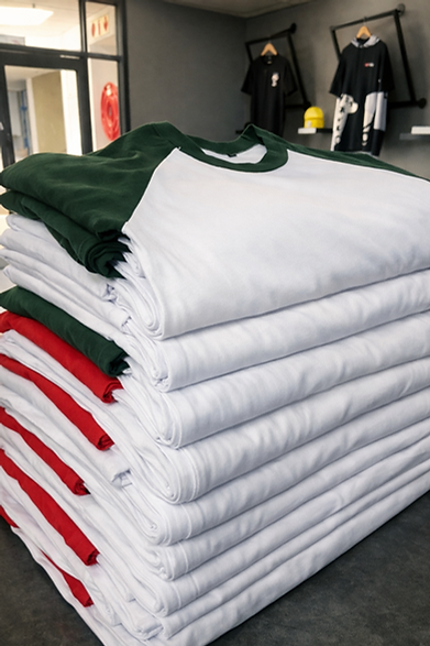 Neatly stacked t-shirts in production area.png