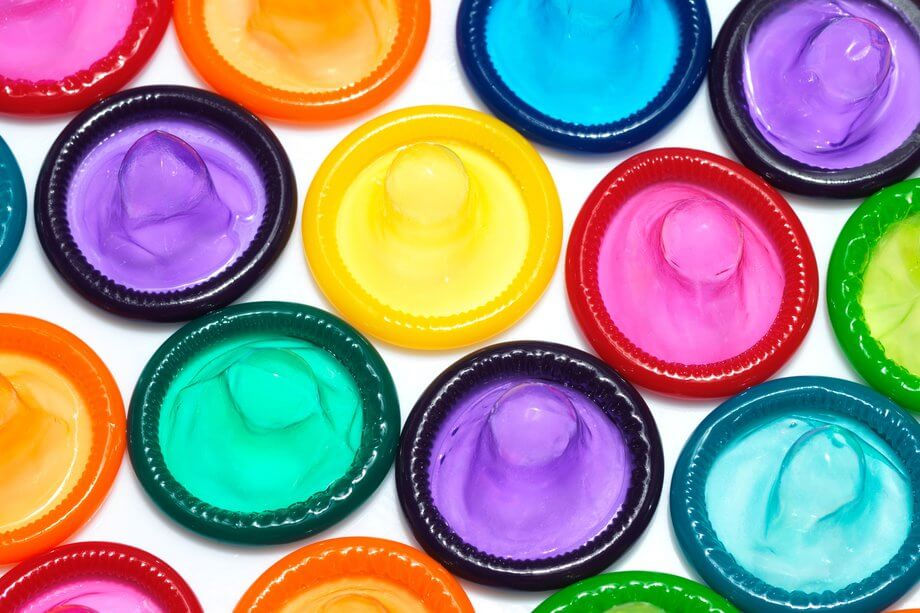 Many different colours of condoms