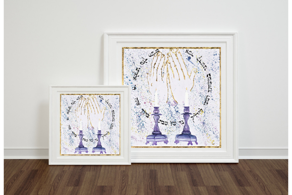 Two copies of artwork of two candlesticks and raised hands by Matanashops
