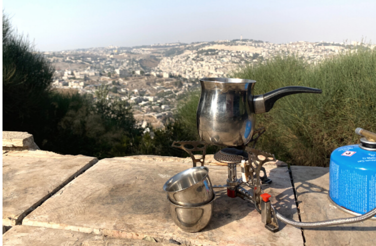 A pakal kafe set up on Tayelet Armon HaNatziv overlooking Jerusalem