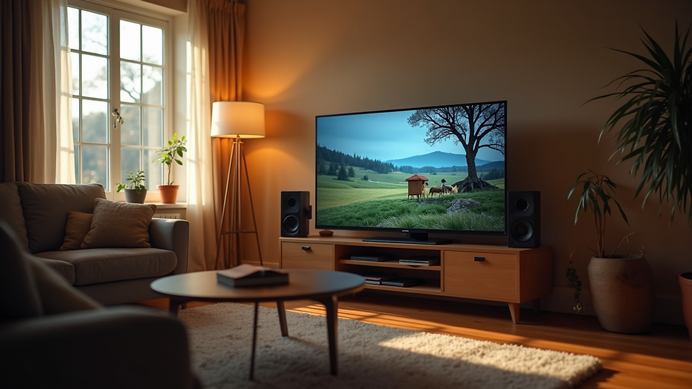 Eye-level view of a cozy living room with a television displaying a regional program