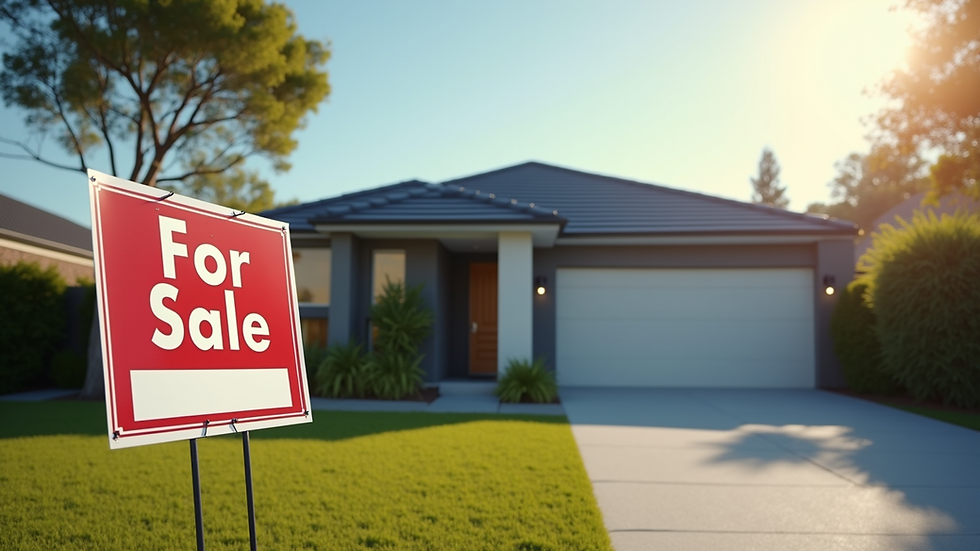 Eye-level view of a modern Australian suburban house with a "For Sale" sign