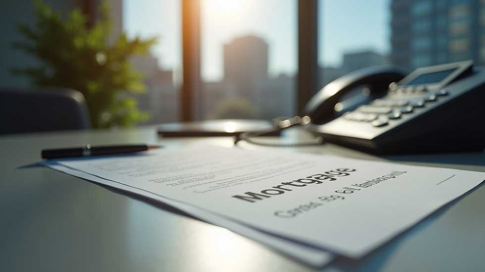 Eye-level view of a modern office desk with a phone and mortgage documents
