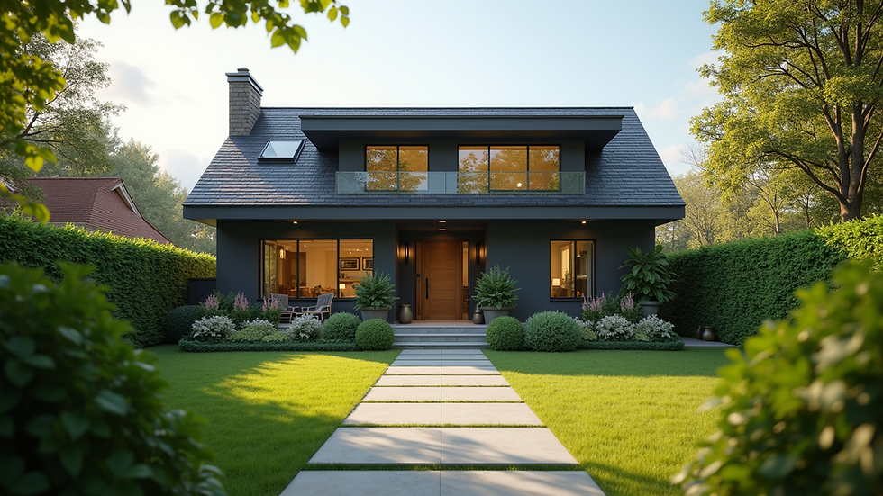 Eye-level view of a modern house with a small front garden