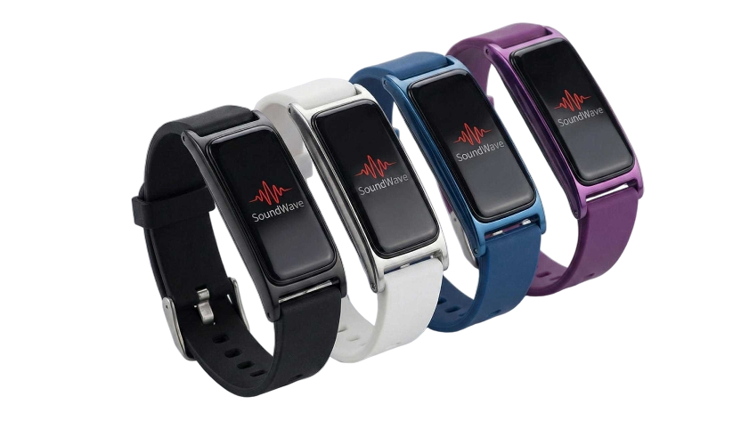 SoundWave Active smart wristbands in 4 colors: Matte White with curved silicone strap and tactile silver buttons, Vibrant Purple with sweat-resistant band and polished silver bezel, Midnight Black with textured strap and high-contrast silver buttons, Electric Blue with bright high-visibility band and ergonomic design.