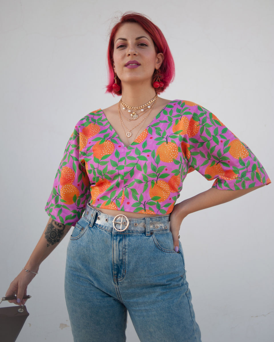 Thumbnail: Organic cotton reversible wrap top in "orange garden" textile design