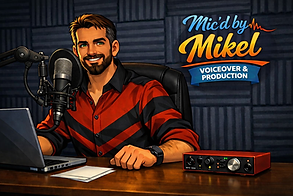 Mic'd by Mikel Cartoon Mikel recording into a mic with logo on back wall