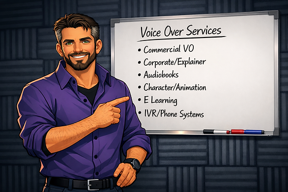 Cartoon Mikel pointing to a white board listing the services detailed on the Services web page
