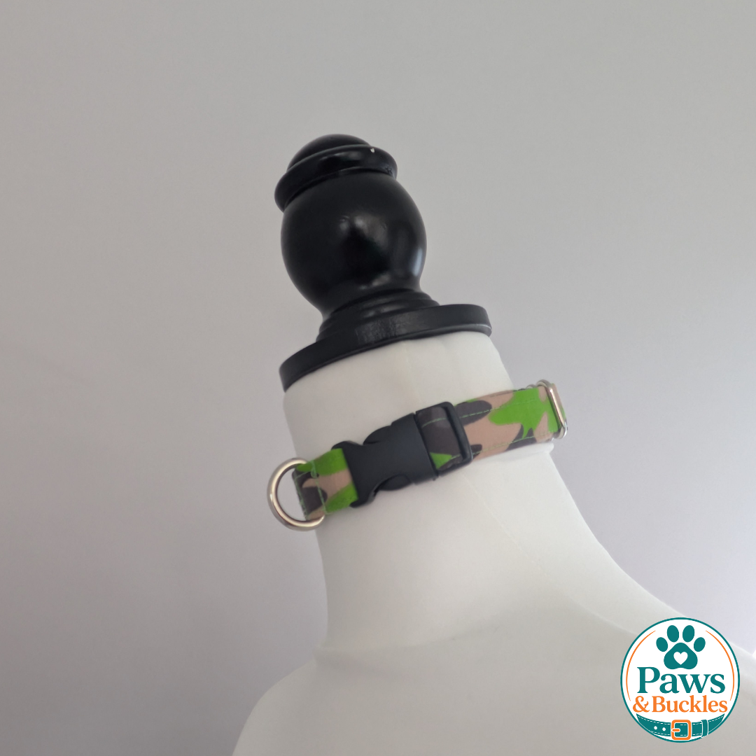 Handmade Fabric Dog Collar - Camouflage - Green - Buckle and D-Ring