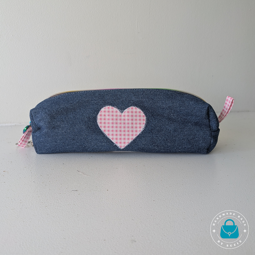 Denim Gingham Heart Pencil Case