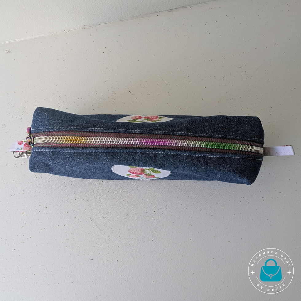 Thumbnail: Denim Strawberry Heart Pencil Case - Rainbow Zipper