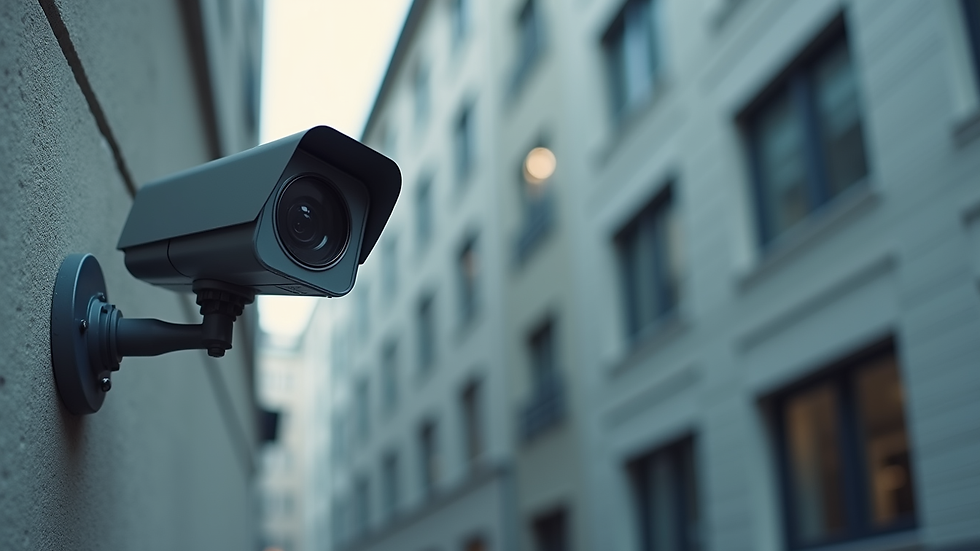 Close-up view of a security camera mounted on a building exterior