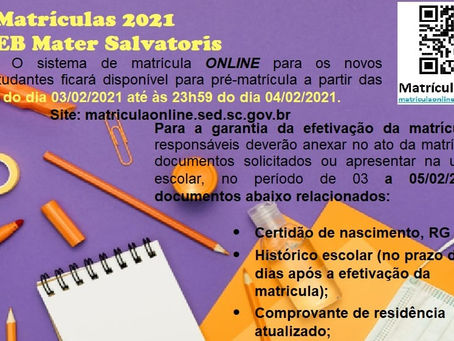 📣 Atenção: Matrículas 2021 para alunos novos