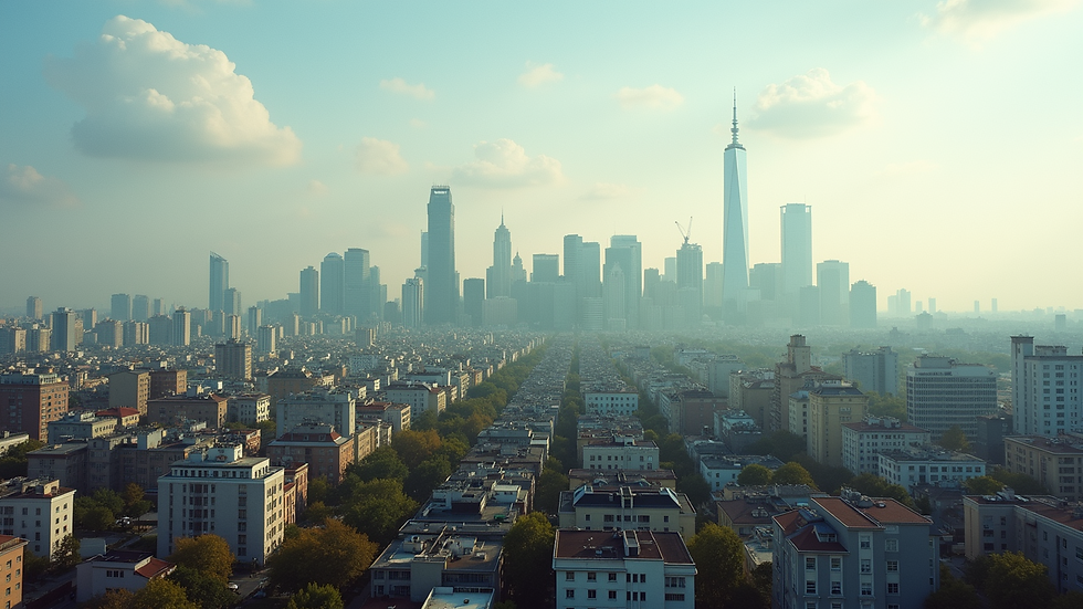 Eye-level view of a city skyline showcasing residential properties