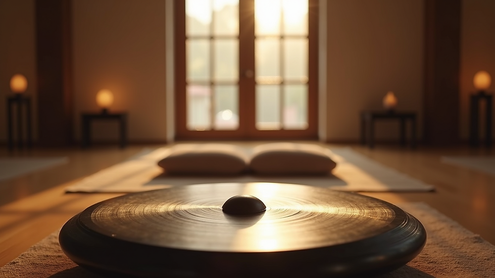 Eye-level view of a gong set up in a serene meditation room