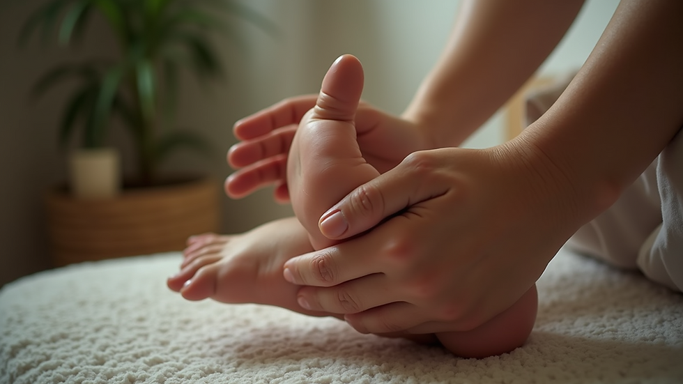 High angle view of a person practicing self-reflexology on their foot
