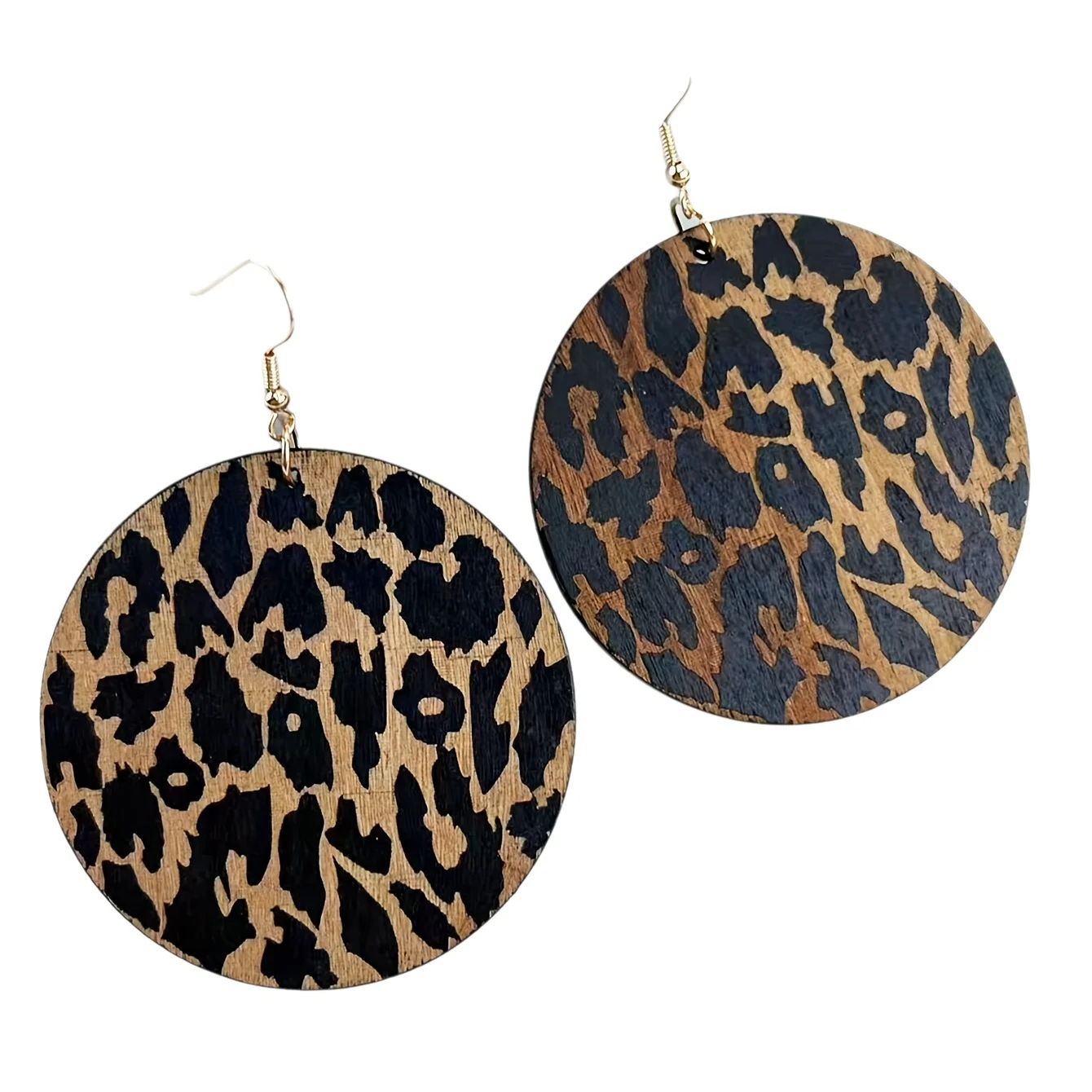 Vintage Leopard Print Lightweight Round Wood Dangle Earrings Retro Geometric Ear