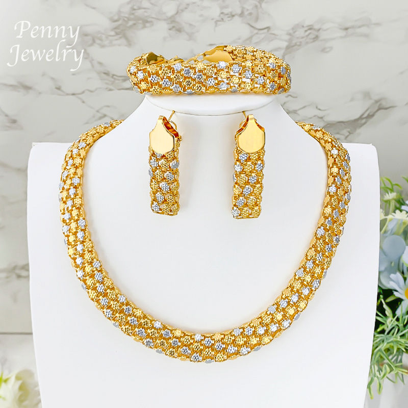Thumbnail: African Jewelry Set for Women Chunky Necklace Earrings Bracelet Dubai 18K Gold P
