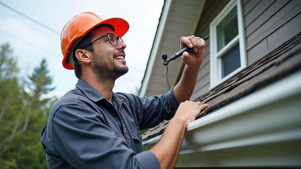 Eye-level view of a home inspector examining a roof