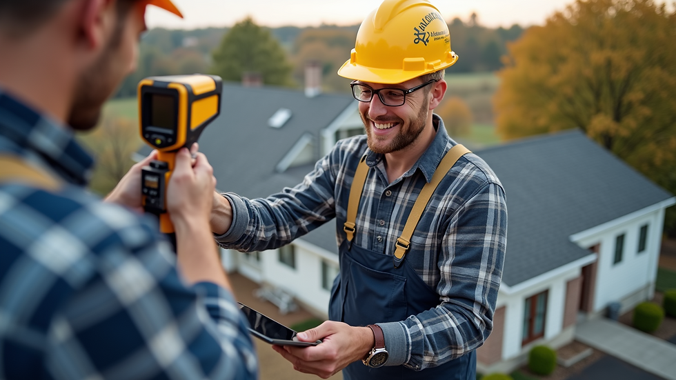 High angle view of a home inspector using a thermal imaging camera on a roof