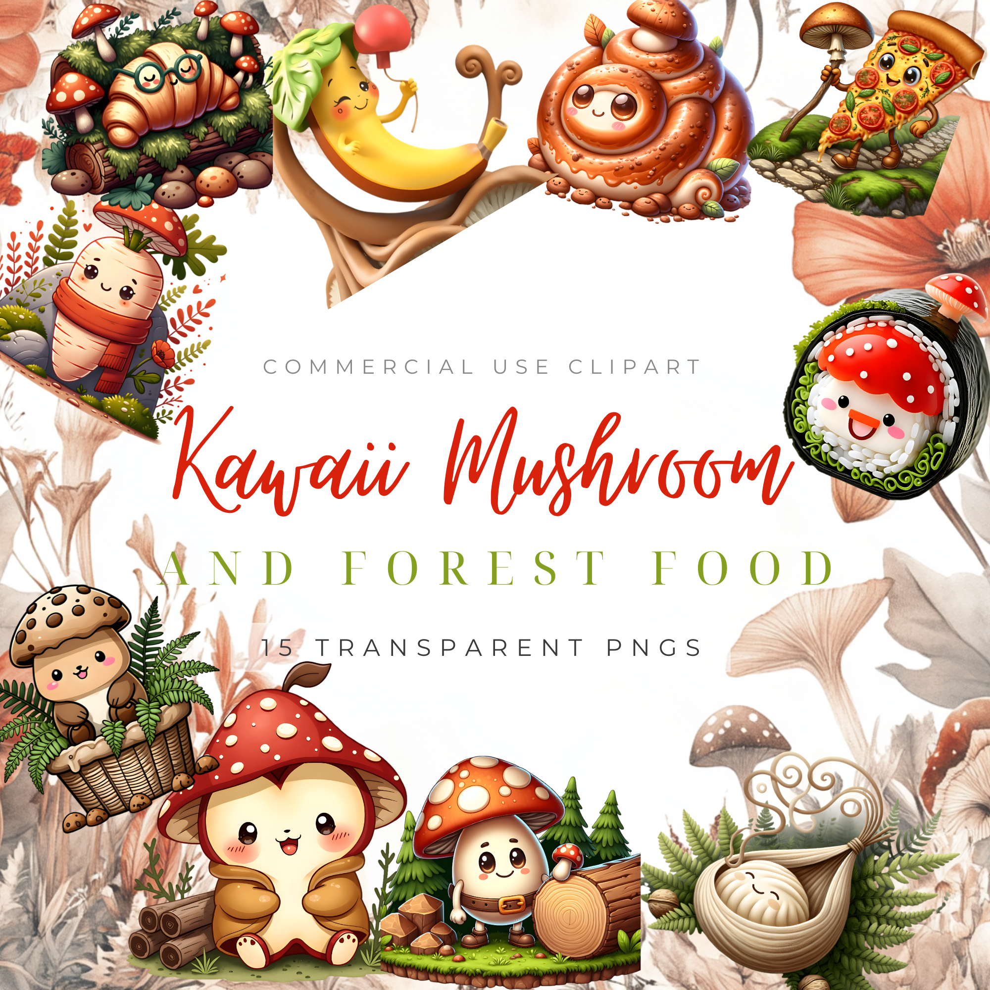 Kawaii Mushroom & Forest Food Clipart Pack – Whimsical Woodland-Inspired PNGs