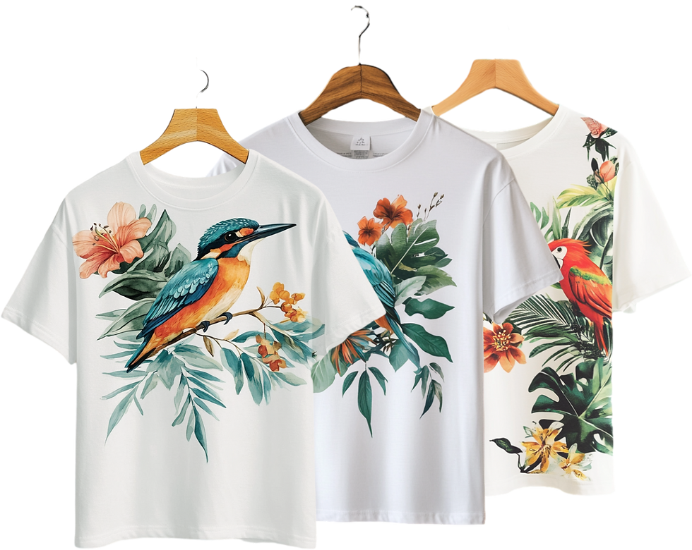 White T-shirt mockups with tropical bird and floral illustration designs