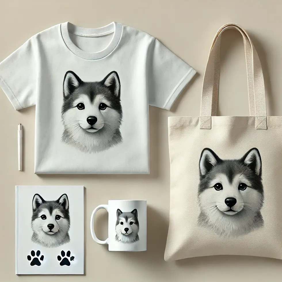 Collage of print-on-demand pet products including a dog T-shirt, cat mug, and tote bag with paw print design