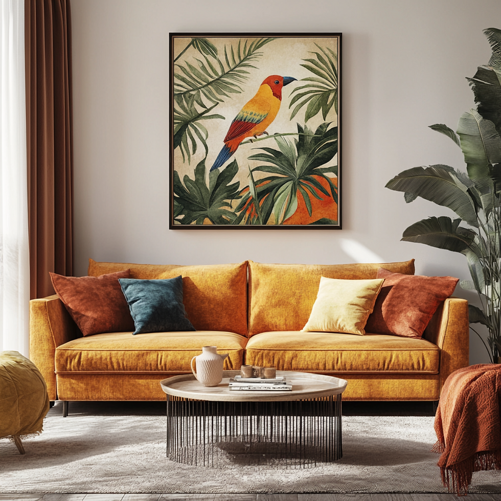 Framed tropical bird wall art in a modern living room interior