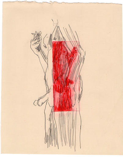 Mixed print by Alice Dote combining graphite, drypoint and monotype, with overlapping female figures and a vivid red rectangular field.