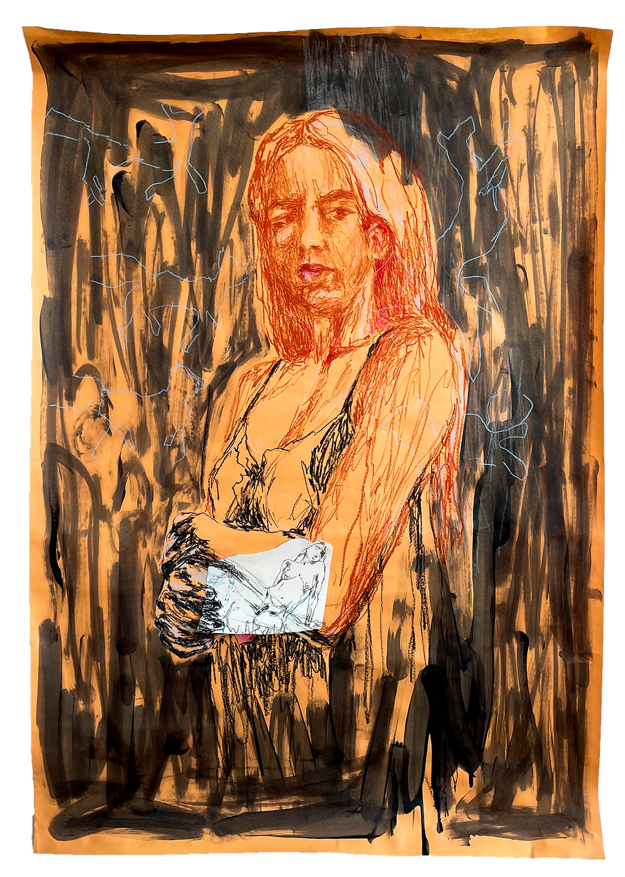 Mixed-media drawing by Alice Dote, part of the triptych Ăntimo-material, depicting a woman holding a small drawing of a reclining figure amid dense black marks and pale blue outlines.
