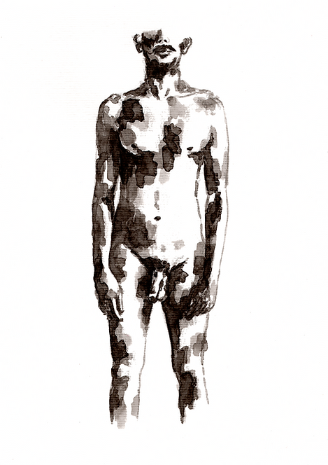Ink drawing by Alice Dote depicting a front nude male figure, rendered with loose black lines and brushstrokes on white paper.